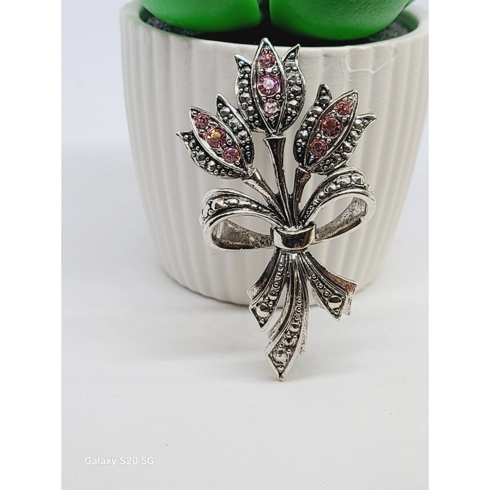 Vintage Avon Silver Tone Brooch Bouquet with Pink Rhinestones Pin Dangle Bow